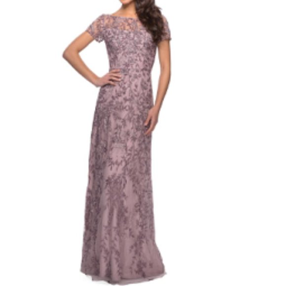 NWOT LA FEMME Shimmer Lace Gown Bead EmbellishedSheath Maxi Dress Size